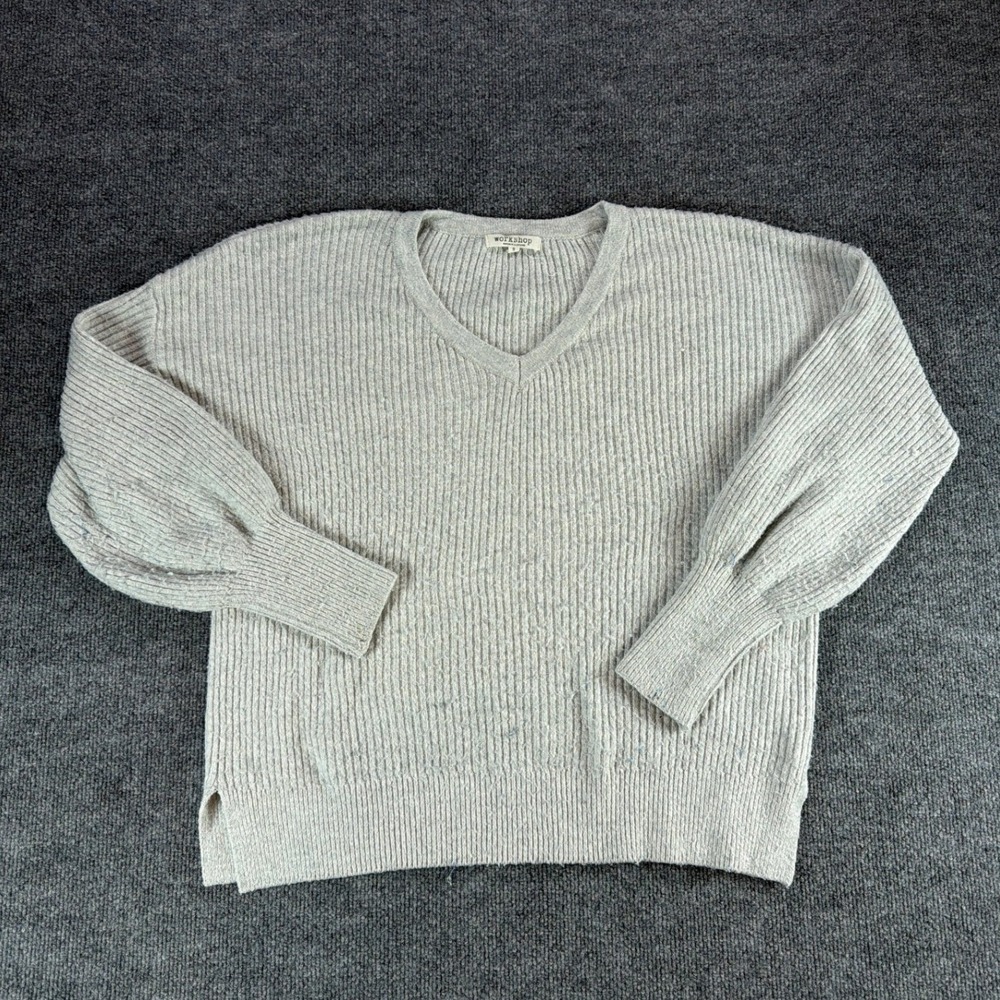 Workshop Republic Clothing‎ Womens Ribbed V-Neck Puff Sleeve Sweater Oatmeal S